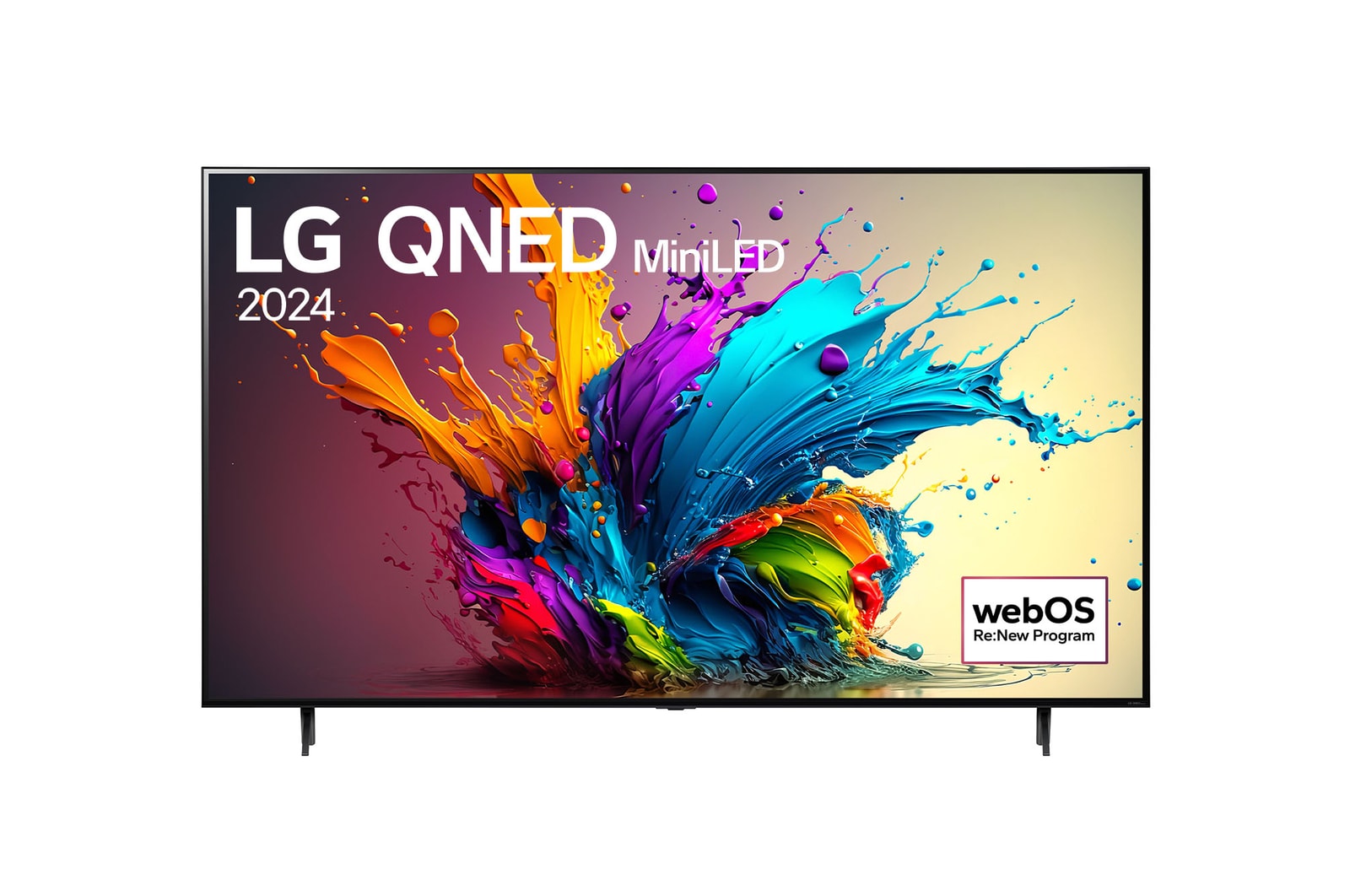 Вид спереди на телевизор LG QNED, QNED90 с текстом LG QNED MiniLED, 2024 и логотипом webOS Re:New Program на экране