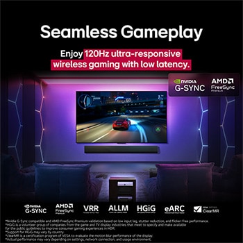 На экране телевизора LG OLED M5 TV играют в игру, демонстрируя плавный и беспроблемный игровой процесс. Видна приставка для нулевого подключения, которая хорошо вписывается в интерьер комнаты. Видны игровые сертификации. Текст описывает сверхотзывчивый беспроводной гейминг с частотой 120Hz и низкой задержкой.