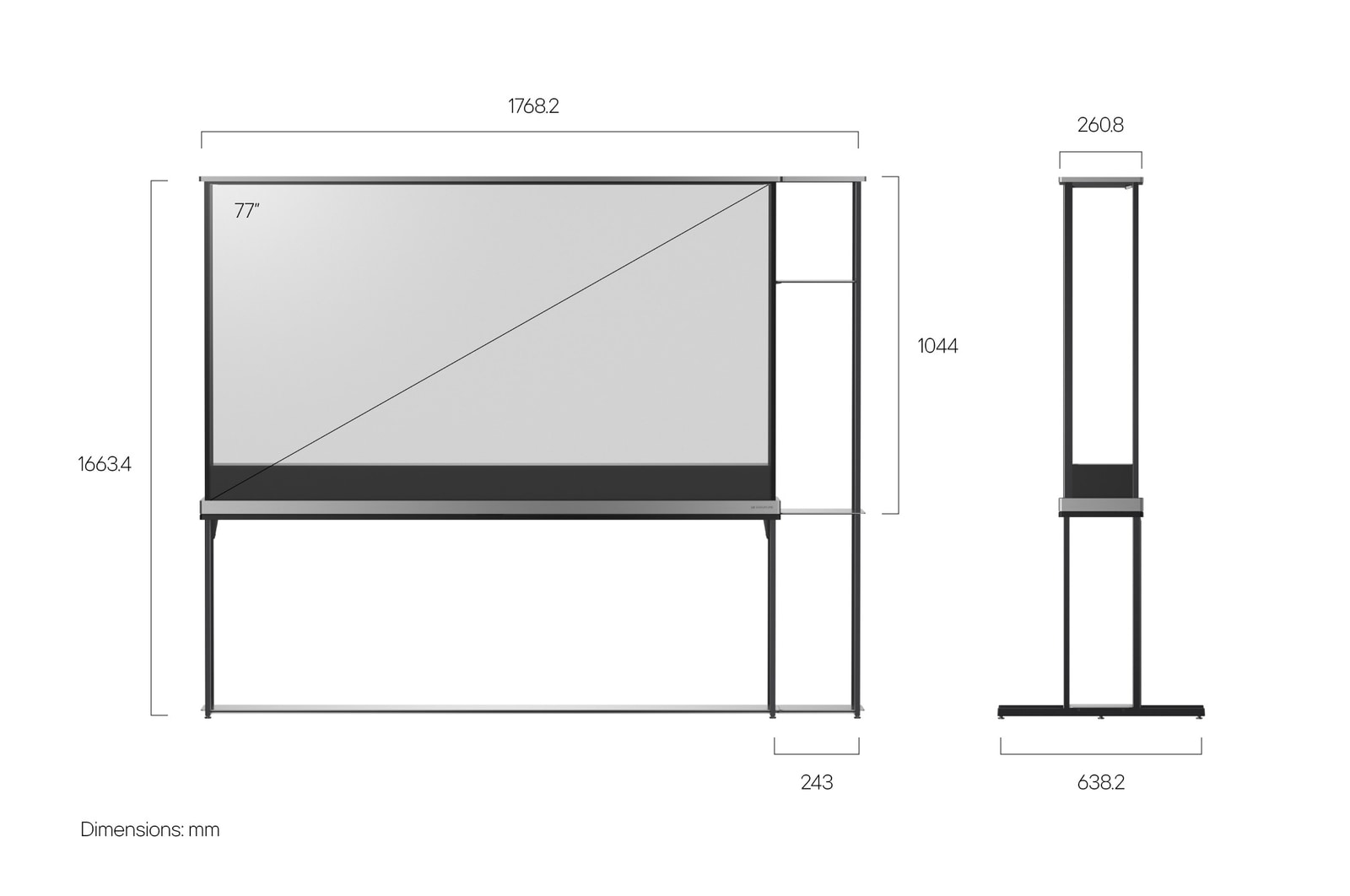 Вид спереди на LG SIGNATURE OLED T с установленной модульной полкой и вид сбоку на LG SIGNATURE OLED T, демонстрирующий размеры.