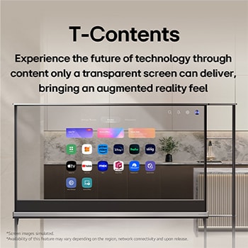 LG SIGNATURE OLED T с главным экраном webOS от LG. Поскольку телевизор работает в прозрачном режиме, интерфейс пользователя как будто парит в воздухе, смешиваясь с реальностью. Заголовок: «Контент T-Contents — разработан для прозрачных экранов, создан, чтобы смешаться с реальностью».  