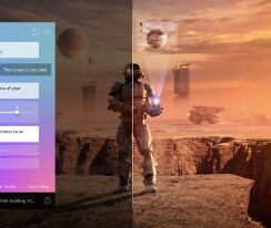 На экране телевизора LG QNED TV представлен научно-фантастический контент. На экране показан интерфейс AI Chatbot. Пользователь отправил сообщение чат-боту, что экран слишком темный. Чат-бот предложил решения по этому запросу. Вся сцена разделена пополам. Одна сторона темнее, а другая ярче, показывая, как AI Chatbot автоматически решил проблему для пользователя.