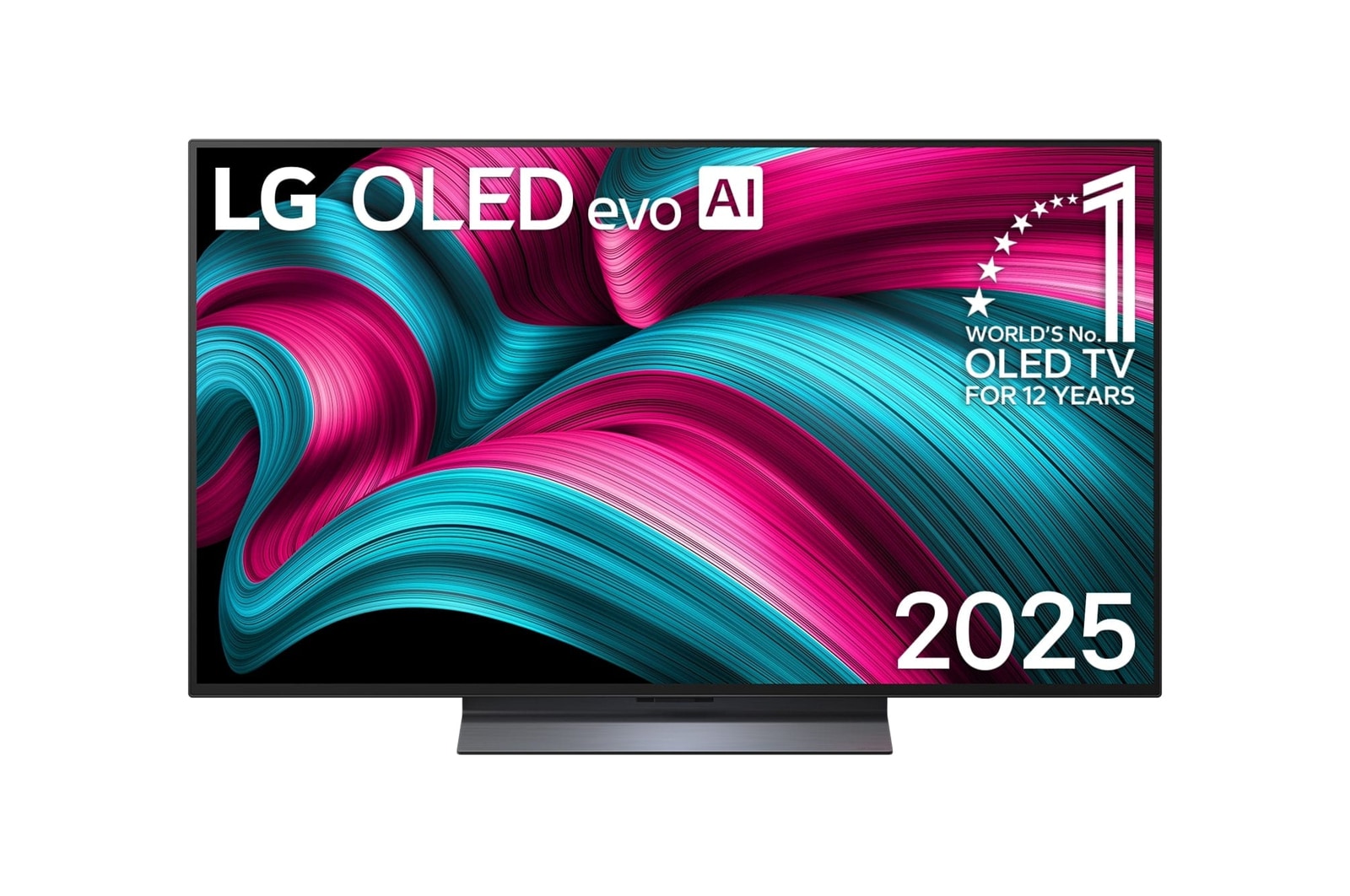 Вид спереди на телевизор Smart TV LG OLED evo AI C5 4K. На экране показаны эмблема «12 лет №1 в мире среди OLED» и логотип LG OLED evo AI 2025.