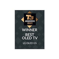 Логотип премии T3 Awards 2025 с текстом: ЛУЧШИЙ OLED TV LG OLED G5.