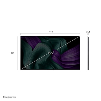 Вид спереди и вид сбоку на телевизор LG OLED M5 TV с отображением его длины, ширины, высоты и глубины.
