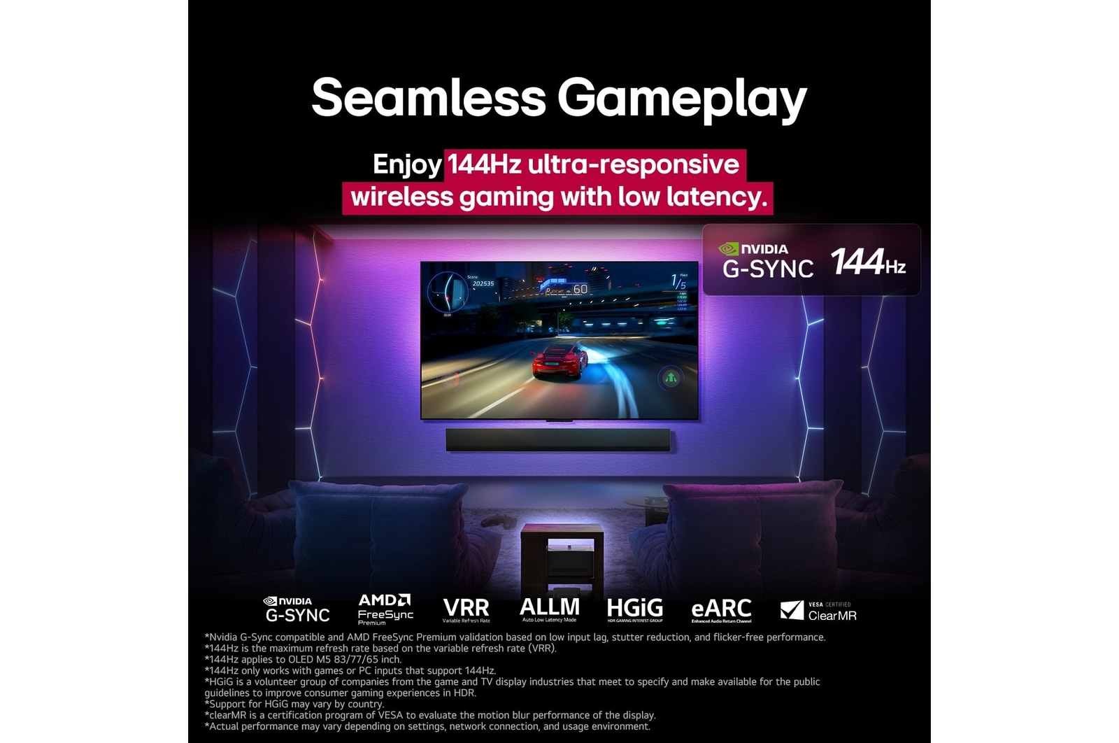 На экране телевизора LG OLED M5 TV играют в игру, демонстрируя плавный и беспроблемный игровой процесс. Видна приставка для нулевого подключения, которая хорошо вписывается в интерьер комнаты. Видны игровые сертификации. Текст описывает сверхотзывчивый беспроводной гейминг с частотой 120Hz и низкой задержкой.
