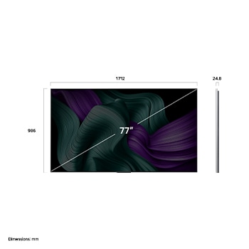 Вид спереди и вид сбоку на телевизор LG OLED M5 TV с отображением его длины, ширины, высоты и глубины.