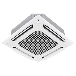 Ceiling Mounted Cassette имеет открытую лопасть в 4 модификациях и входную зону в центре, а над ними находится серый шкафчик, соединенный с потолком.