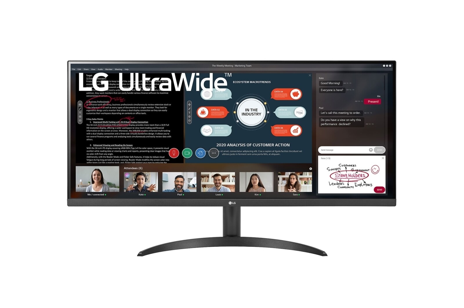 Вид 34-дюймовый монитор UltraWide™ Full HD IPS с соотношением сторон 21: 9 и AMD FreeSync™ 34WP500-B спереди