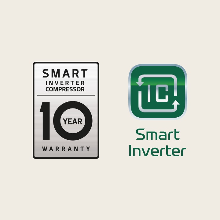Логотип 10-летней гарантии на компрессор Smart Inverter находится рядом с логотипом Smart Inverter.