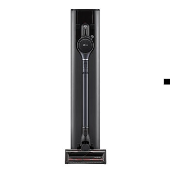 LG Пылесос вертикальный беспроводной LG A9T-LITE | Станция самоочистки, Серый графитовый вертикальный беспроводной пылесос LG A9T-LITE, вид станции спереди, A9T-LITE