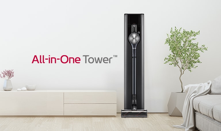 Фронтальный снимок башни A9 All-in-One в современном интерьере гостиной в белых тонах