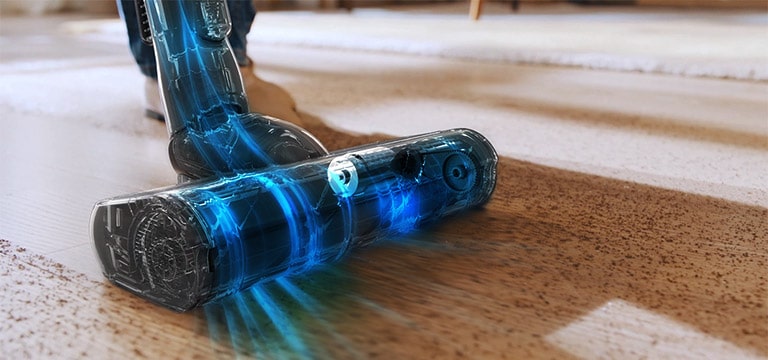 Анимация демонстрирует умный инверторный мотор пылесоса и осевой турбо циклон