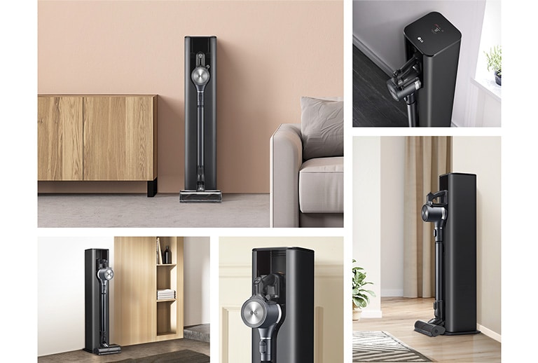 Пылесосы под разными углами, помещенные в комнату в современном интерьере