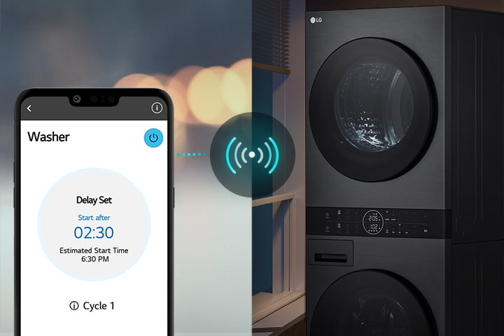На изображении слева изображен мужчина, смотрящий на свой телефон. На изображении справа показана домашняя стиральная машина с зеленым светом на дисплее. В центре двух изображений изображен экран телефона, на котором изображена стирка в приложении LG ThinQ и значок подключения.