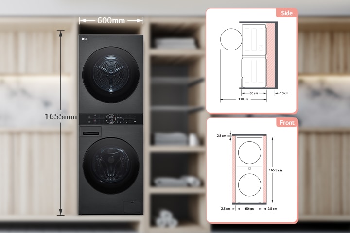 Размер стиральной машины 600 мм, ширина, длина 1655 мм, запас пространства при виде сбоку 10 см, сечение стиральной машины 66 см, сечение + дверца 118 см, запас места сверху, вид спереди 2,5 см, запас пространства с обеих сторон 2,5
