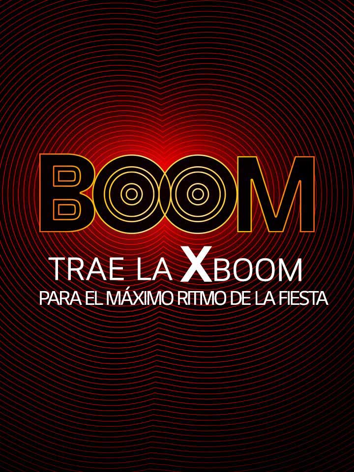 La palabra “BOOM” está escrita contra la luz roja. El texto se modifica para resaltar su potente sonido. Debajo de “BOOM”, aparece la frase “TRAE LA XBOOM PARA DISFRUTAR DEL MÁXIMO HIMNO DE LA FIESTA”.