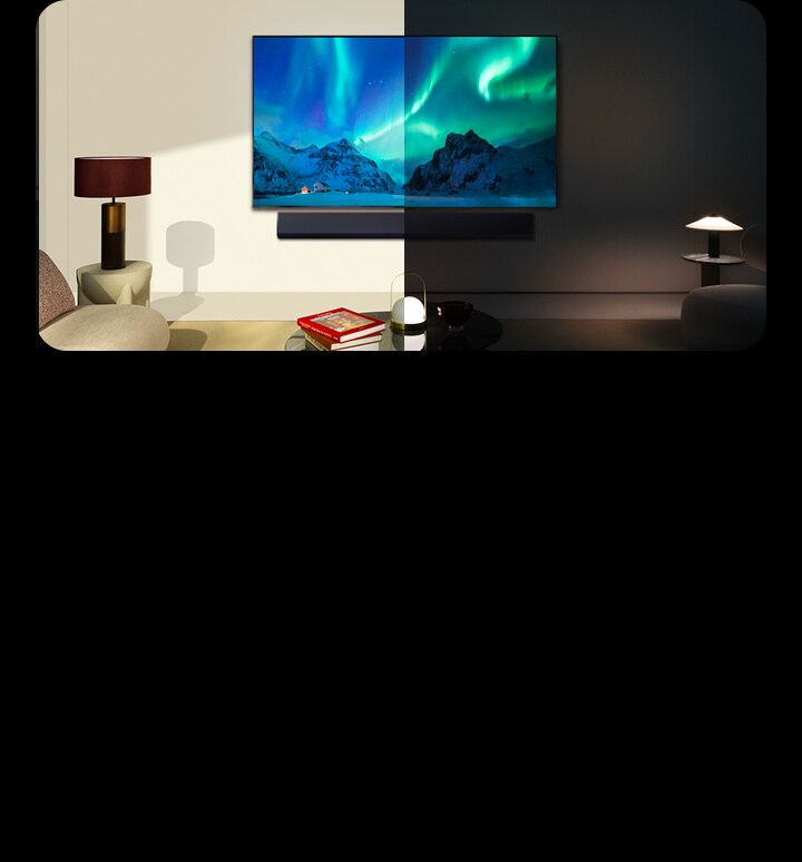 Hay una LG AI TV montada en la pared de una sala de estar y la imagen está dividida en dos para mostrar una habitación iluminada a la izquierda y una habitación oscura a la derecha. La línea divisoria en el centro se desplaza hacia la izquierda para mostrar cómo la TV se ajusta a la habitación oscura, luego se desplaza hacia la derecha para mostrar cómo la TV se ajusta a la habitación iluminada y finalmente regresa al centro.