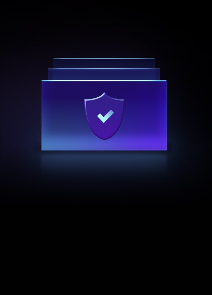 Gráficos de neón sobre un fondo negro. La seguridad multicapa muestra un escudo con una marca de verificación dentro de un rectángulo horizontal, con dos rectángulos más detrás.