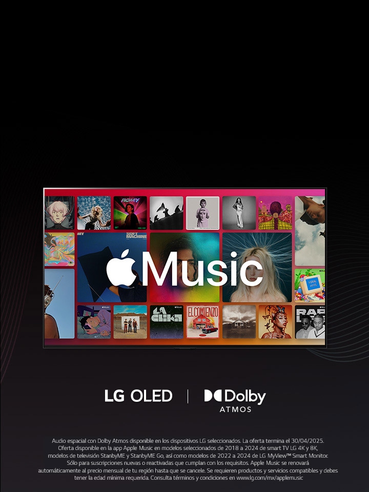 Un diseño de cuadrícula de álbumes con el logotipo de Apple Music superpuesto, con el logotipo de LG OLED y Dolby Atmos debajo.