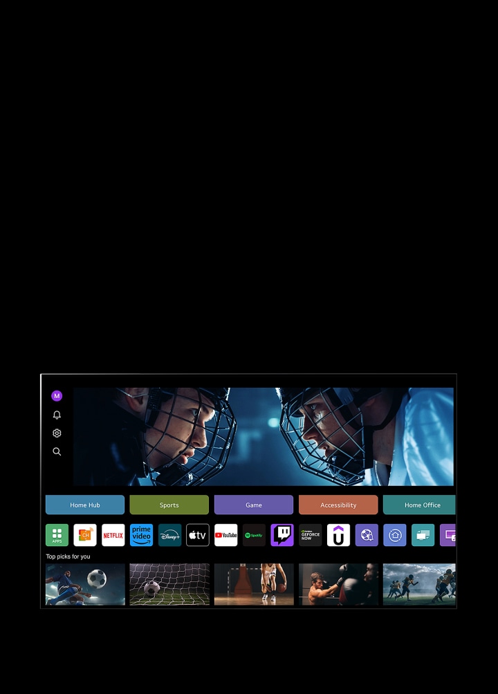 La pantalla de un televisor LG muestra la pantalla Mi perfil. En el tercio superior, un banner de Tangible Wonders. Debajo del banner, se muestran los siguientes botones: Home Hub, Deportes, Juegos, Accesibilidad, Home Office. Debajo de los botones, lo siguiente Se muestran los logotipos: LG Channels, Netflix, Prime Video, Disney+, Apple TV, YouTube, Spotify, Twitch, GeForce Now y Udemy Debajo de los logotipos, se muestran 5 miniaturas de películas debajo del texto "Mejores opciones para ti".   Un cursor hace clic en la 'S' inicial en la esquina superior izquierda. Se abre un menú desplegable de Cuenta LG y se muestran cinco nombres. El cursor hace clic en el segundo nombre mientras las miniaturas y los contenidos recomendados cambian en la pantalla.