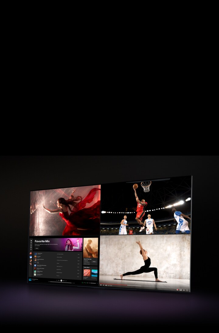 Un televisor LG muestra una película y la pantalla está dividida de modo que la mitad muestra una película y el otro lado muestra Spotify. El cursor hace clic en un botón para abrir el panel de configuración de Vista múltiple y hace clic en el botón Live TV, y la ventana de Spotify cambia a una pantalla que muestra la escena deportiva. Una tercera ventana que muestra un vídeo de yoga en YouTube se desliza desde abajo. Luego, una cuarta ventana que muestra Spotify se desliza desde abajo para que la pantalla muestre contenido diferente en los cuatro cuartos.