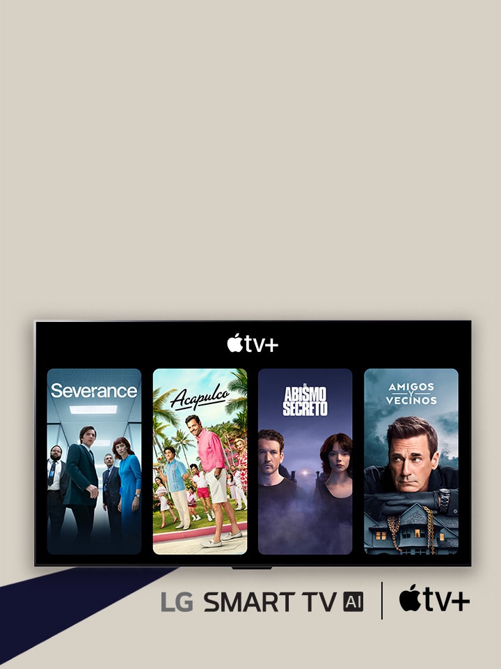 LG SMART TV AI (logotipo) y Apple (logotipo) tv+ se encuentran uno al lado del otro. En el televisor LG, las miniaturas de cuatro programas de televisión (Severance, The Studio, The Gorge y Your Friends and Neighbors) se encuentran debajo de Apple (logotipo) tv+.
