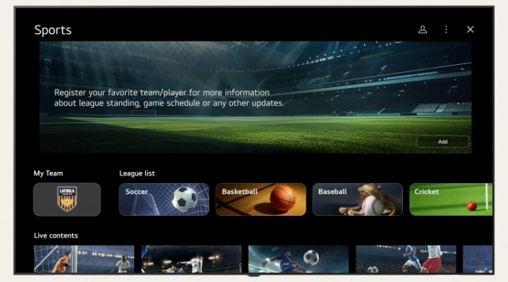 Pantalla de configuración de LG TV que muestra la interfaz Sports Portal. La sección “Mi equipo” se expande y contrae dinámicamente, seguida de un desplazamiento fluido hacia abajo a través de varios canales deportivos y contenido seleccionable.