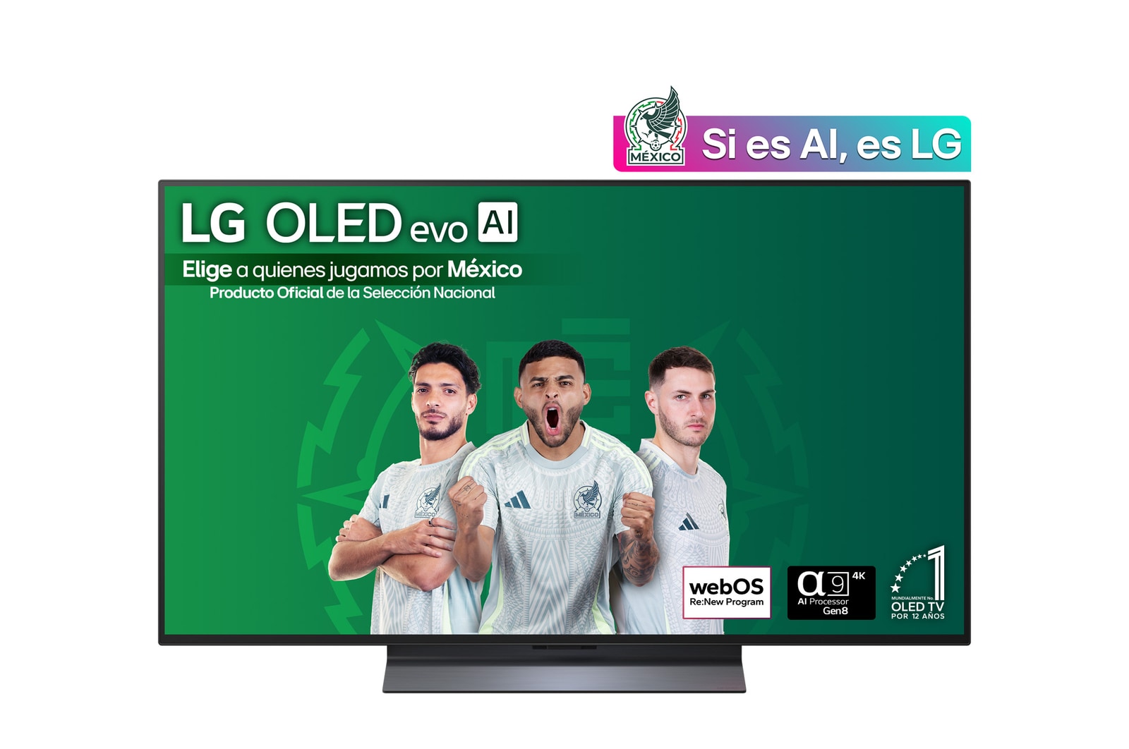 Front view of LG OLED evo AI C5 4K Smart TV. 12 Years of world number 1 OLED emblem and LG OLED evo AI 2025 logo are on the screen.