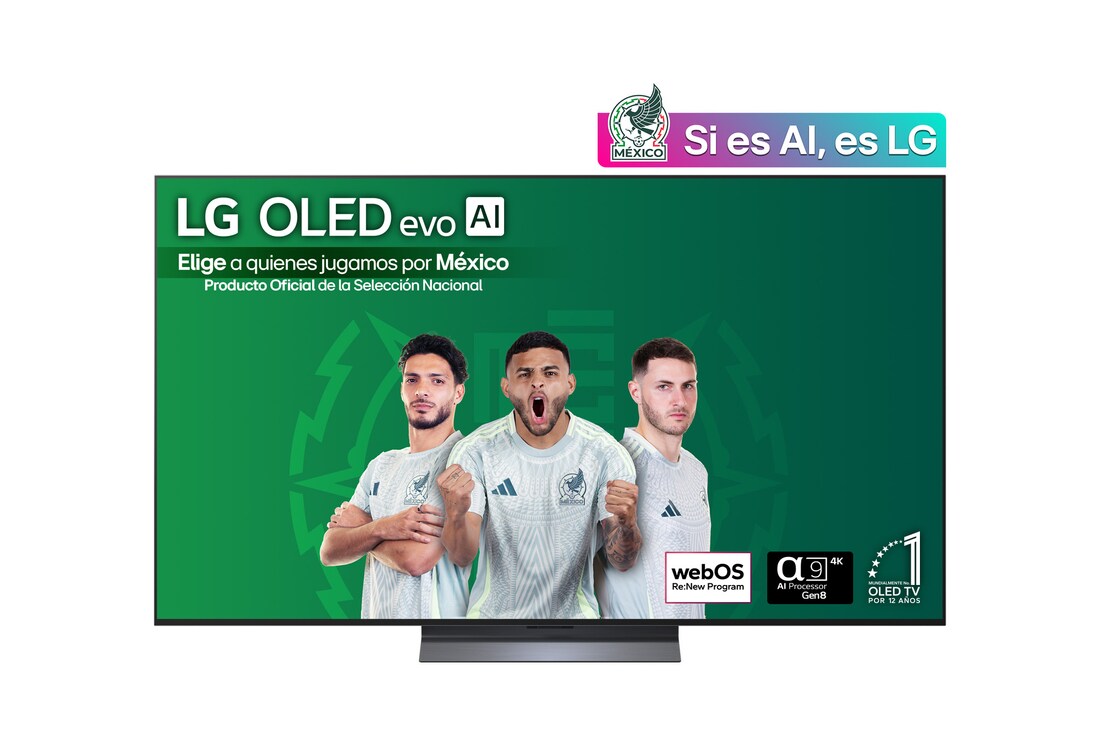 Front view of LG OLED evo AI C5 4K Smart TV. 12 Years of world number 1 OLED emblem and LG OLED evo AI 2025 logo are on the screen.