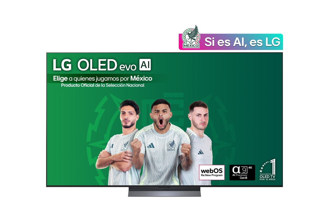 Front view of LG OLED evo AI C5 4K Smart TV. 12 Years of world number 1 OLED emblem and LG OLED evo AI 2025 logo are on the screen.