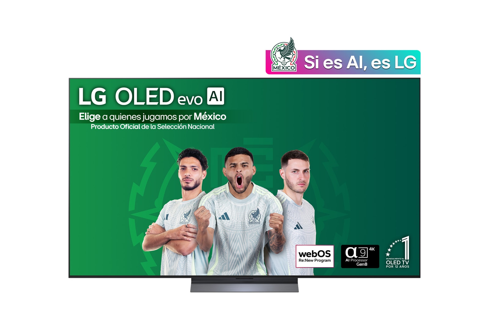Front view of LG OLED evo AI C5 4K Smart TV. 12 Years of world number 1 OLED emblem and LG OLED evo AI 2025 logo are on the screen.
