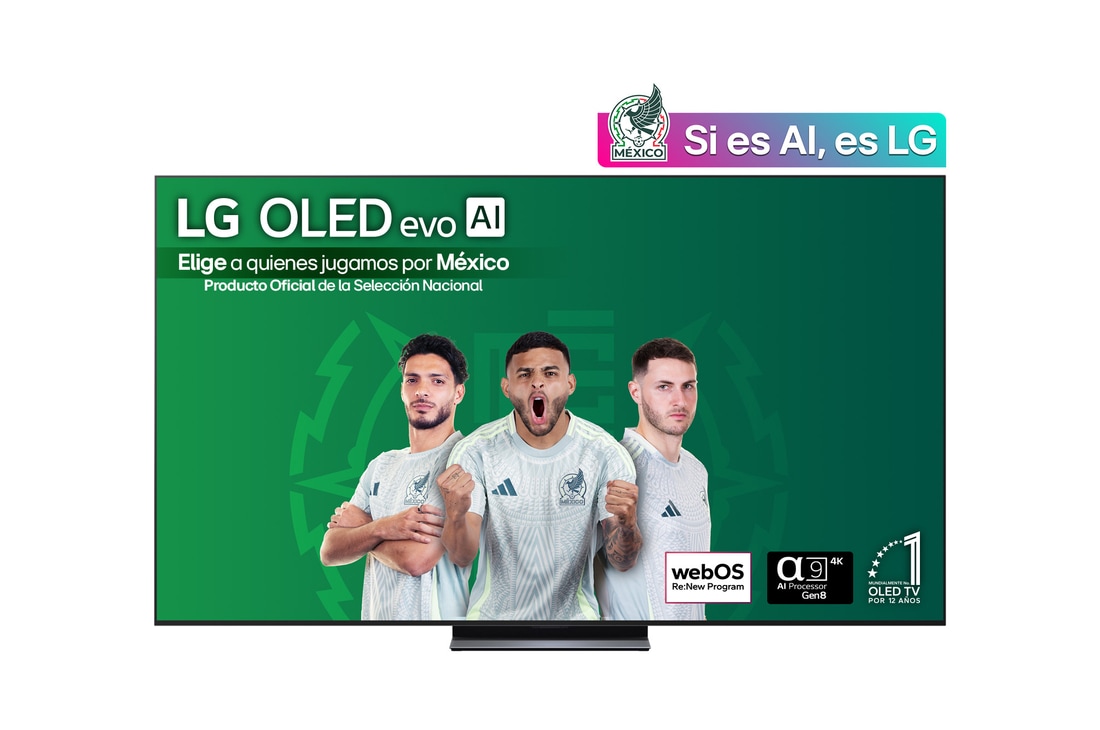 Front view of LG OLED evo AI C5 4K Smart TV. 12 Years of world number 1 OLED emblem and LG OLED evo AI 2025 logo are on the screen.