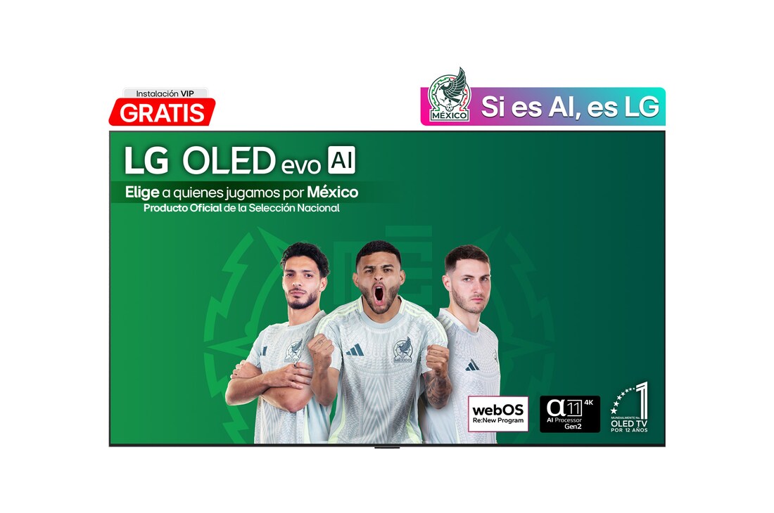 Front view of LG OLED evo AI G5 4K Smart TV. 12 Years of world number 1 OLED emblem and LG OLED evo AI 2025 logo are on the screen.