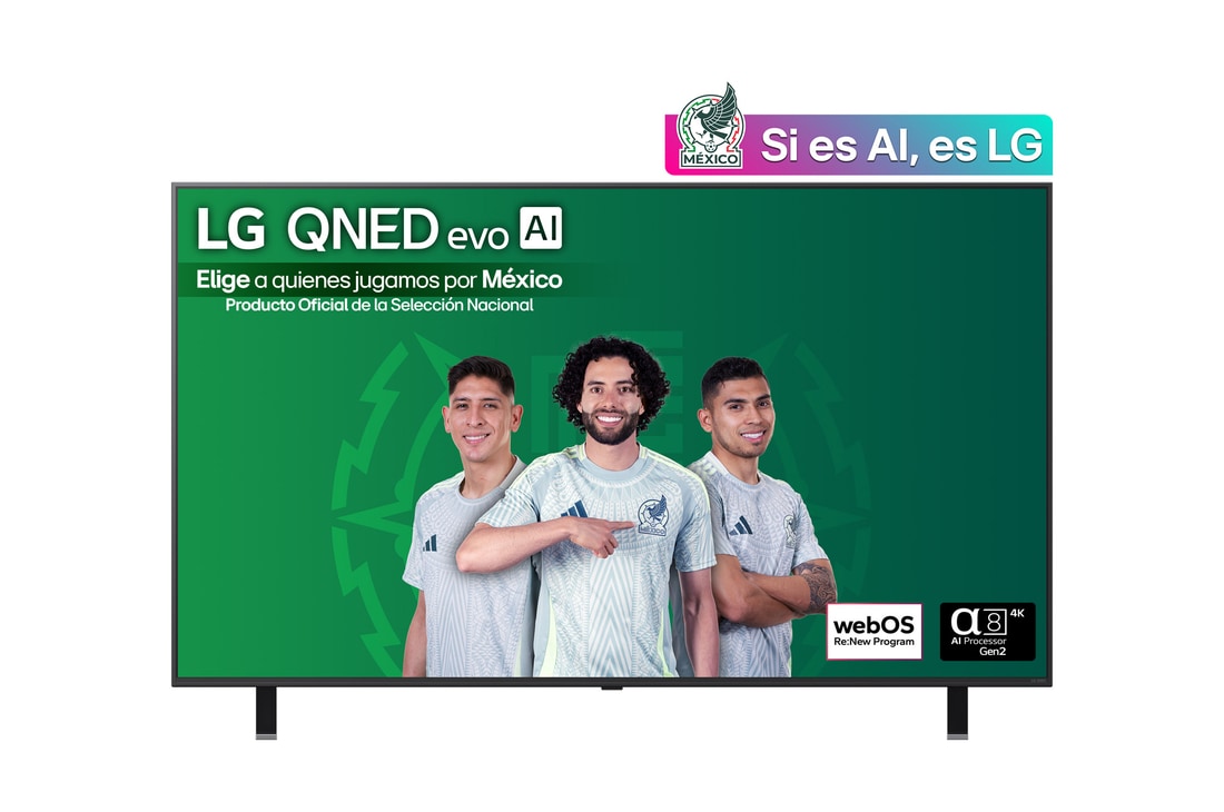 Vista de frente del TV LG QNED evo QNED85, logo de LG QNED evo Al en la esquina superior. El TV LG QNED evo QNED85 muestra texturas coloridas como una pintura que se combinan.