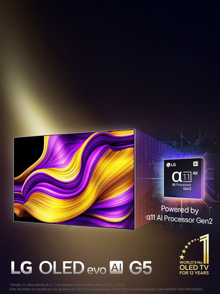 En la pantalla de una TV LG OLED evo AI aparece una imagen abstracta con detalles, colores y un contraste impactantes. Detrás de la TV, se muestra una versión ampliada del procesador alpha 11 AI Gen2. Brilla con una luz que ilumina los circuitos de microchips a su alrededor. El título dice LG OLED evo AI. También puede verse el texto: Con la tecnología del procesador LG alpha 11 AI Gen2. En la esquina aparece un logotipo dorado con estrellas que dice: OLED TV, número uno del mundo durante 12 años.