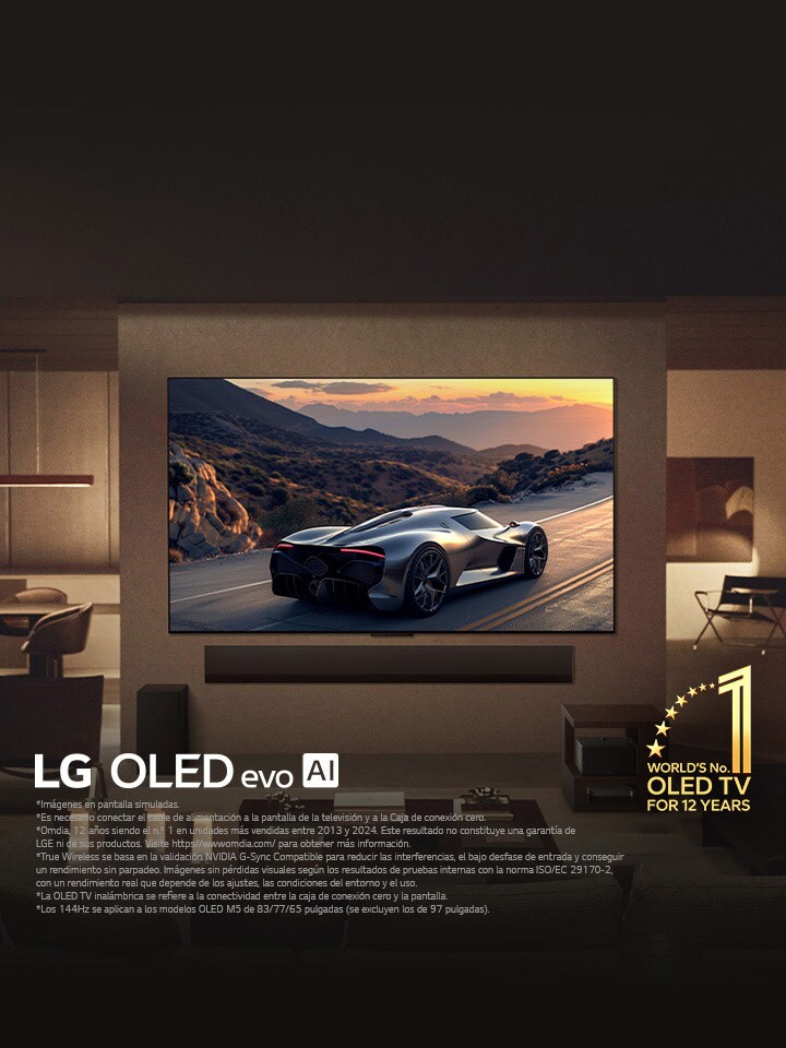 Elegante sala de estar con LG OLED evo M5 TV montada en la pared. Una LG Soundbar debajo de esta. Caja de conexión cero oculta debajo de una mesa de apoyo. No hay cables visibles, lo que demuestra la tecnología True Wireless de la TV. Se puede ver el emblema “OLED TV, número uno del mundo durante 12 años” y el logotipo de LG OLED evo AI. 