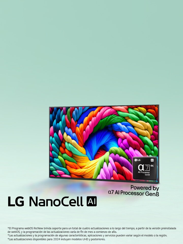 LG NanoCell TV se encuentra ligeramente inclinada hacia la izquierda y muestra hilos de colores. El logotipo del procesador alpha 7 AI Gen8 aparece integrado en la esquina inferior derecha de la televisión. El fondo es un degradado verde azulado claro. También puede verse el texto: Con la tecnología del procesador alpha 7 AI Gen8.