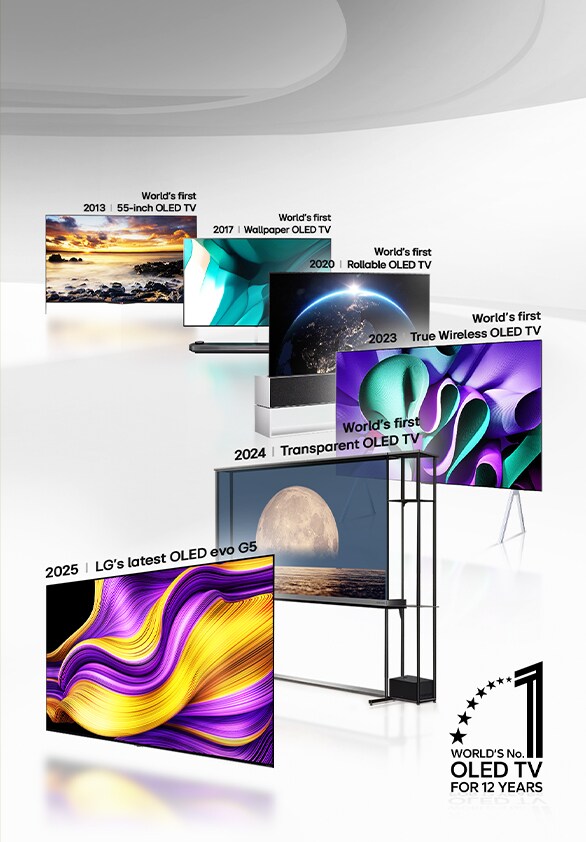 Una serie de productos OLED alineados en formación. También se observa el emblema “OLED TV, número uno del mundo durante 12 años”.