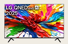 LG QNED evo TV con una obra de arte visualmente agradable y el título LG QNED evo AI 2025 en la pantalla.