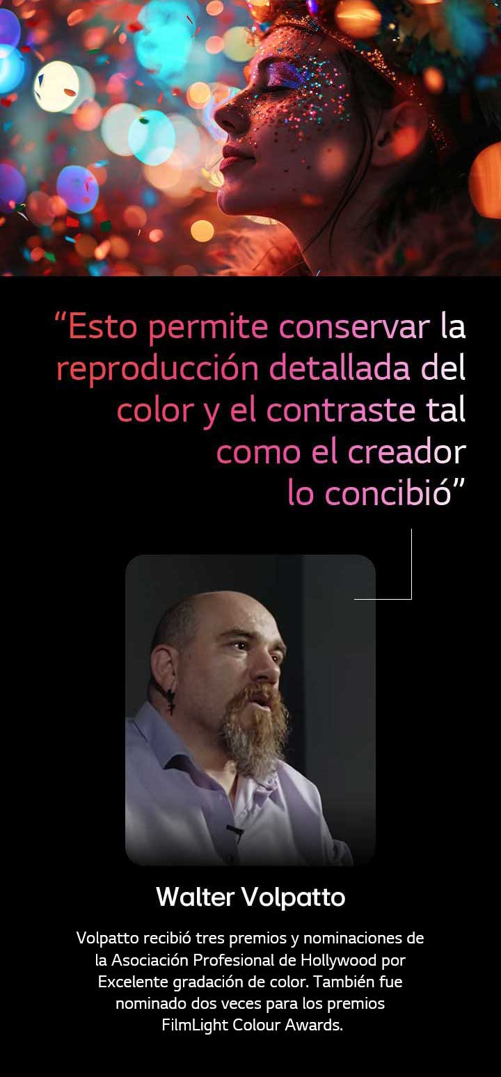 Un sujeto contra un fondo colorido con bokeh. Se resalta una cita de Walter Volpatto, un destacado director de fotografía, que habla sobre Director de Procesamiento AI: permite conservar la reproducción detallada del color y el contraste tal como el creador lo concibió.