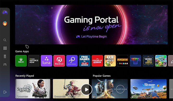 Pantalla principal del portal de juegos. El cursor se mueve y hace clic para mostrar muchos juegos populares, así como la función adicional de poder seleccionar juegos según el tipo de control que tengas, ya sea un mando de juegos o el control remoto. 