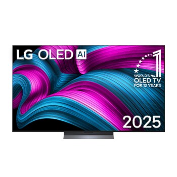 Vista de frente de la Smart TV LG OLED AI C5E 4K. El emblema de OLED de ser el n.º 1 del mundo durante 12 años y el logotipo de LG OLED AI 2025 aparecen en la pantalla.