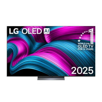 Vista de frente de la Smart TV LG OLED AI C5E 4K. El emblema de OLED de ser el n.º 1 del mundo durante 12 años y el logotipo de LG OLED AI 2025 aparecen en la pantalla.