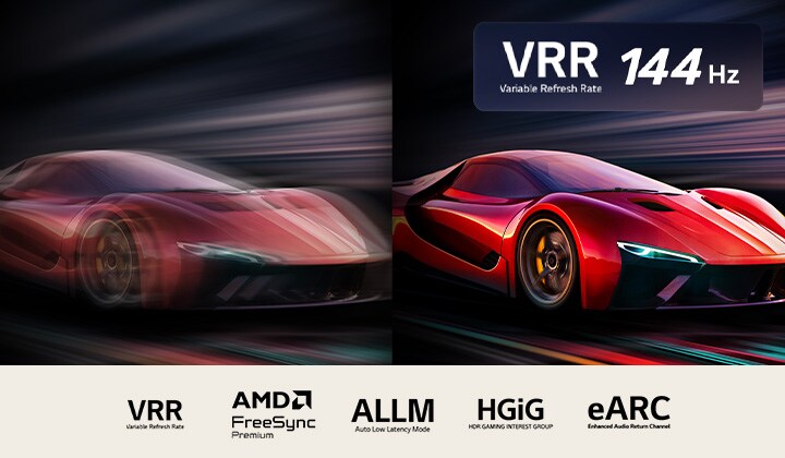 Dos imágenes de un auto en un videojuego, una al lado de la otra. En una se observa mucho desenfoque de movimiento. La otra se ve nítida y en enfoque, por lo que se exhibe la alta frecuencia de cuadros de la LG QNED TV. Logotipos de VRR y de 144Hz en la esquina superior derecha.	