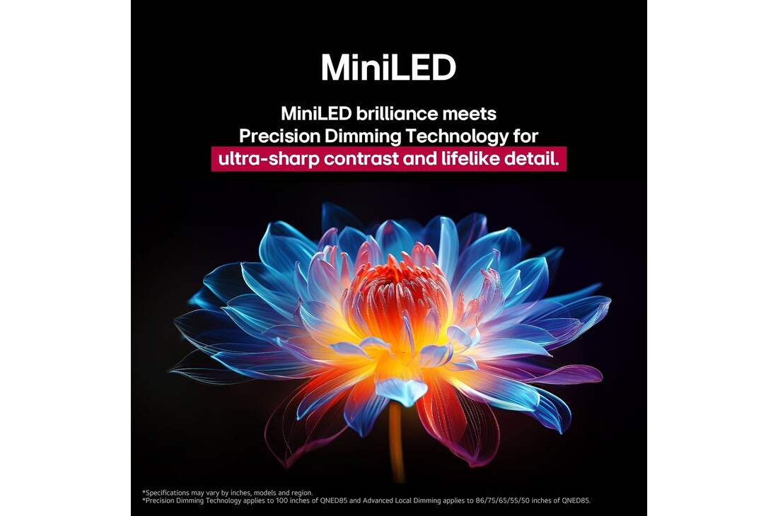 Flor holográfica en 3D con diferentes sombras y tonos sobre fondo negro. La definición y el detalle de la flor resaltan la capacidad del MiniLED de QNED de producir imágenes con color, brillo y contraste excepcionales. El título habla de cómo MiniLED mejora la claridad y proporciona un contraste excepcional.