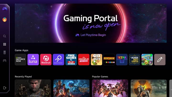 Pantalla de inicio del Gaming Portal. El cursor se mueve y hace clic para mostrar muchos juegos populares, y además permite seleccionar juegos según el tipo de control, ya sea un game pad o un control remoto.