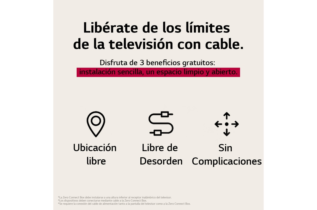 Tres íconos que representan los 3 beneficios gratuitos de la LG True Wireless TV. Instalación en cualquier lugar, sin elementos que estorben, sin complicaciones. El texto habla de olvidarse de los límites de la TV por cable y disfrutar de una instalación sin esfuerzo, además de un espacio limpio y despejado.