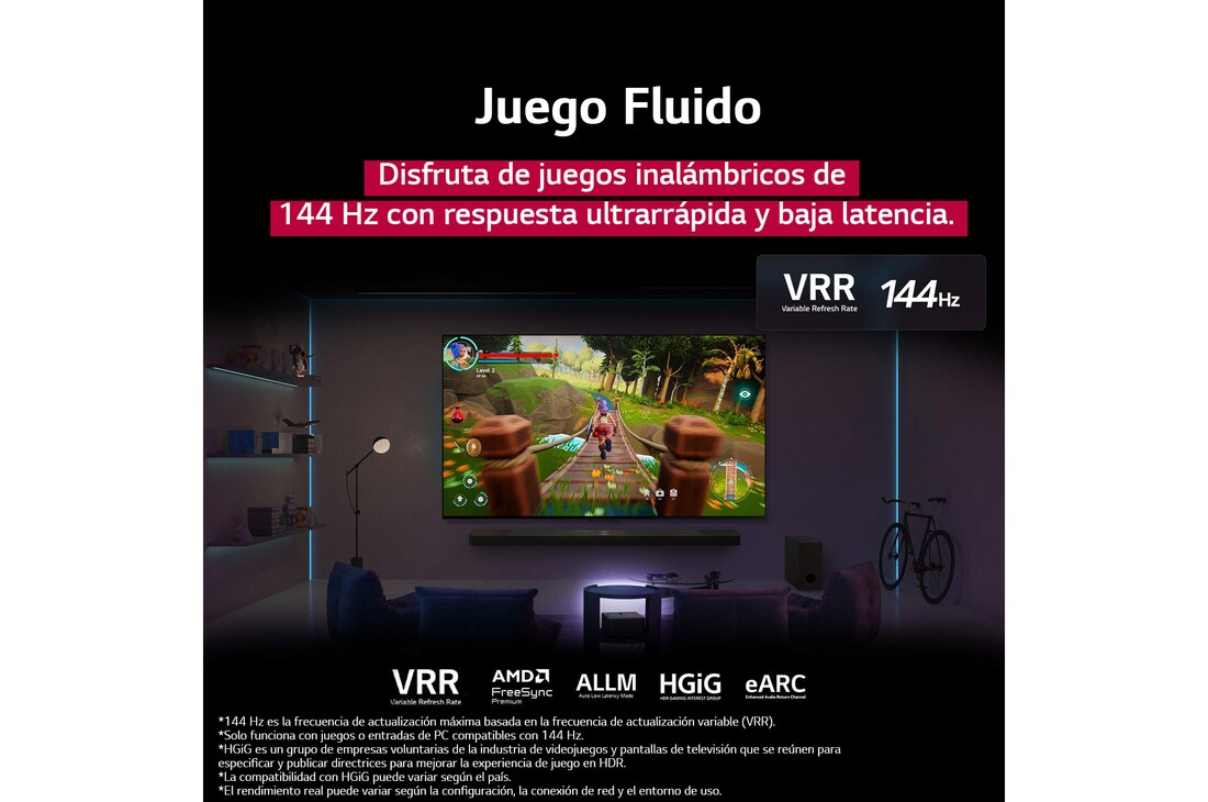 Una sala de estar con luz tenue y una pantalla de juego mostrada en la QNED9M. La Caja de conexión cero se encuentra dentro de una mesa ratona. El texto habla de juegos inalámbricos de 144Hz con respuesta ultrainmediata y baja latencia.