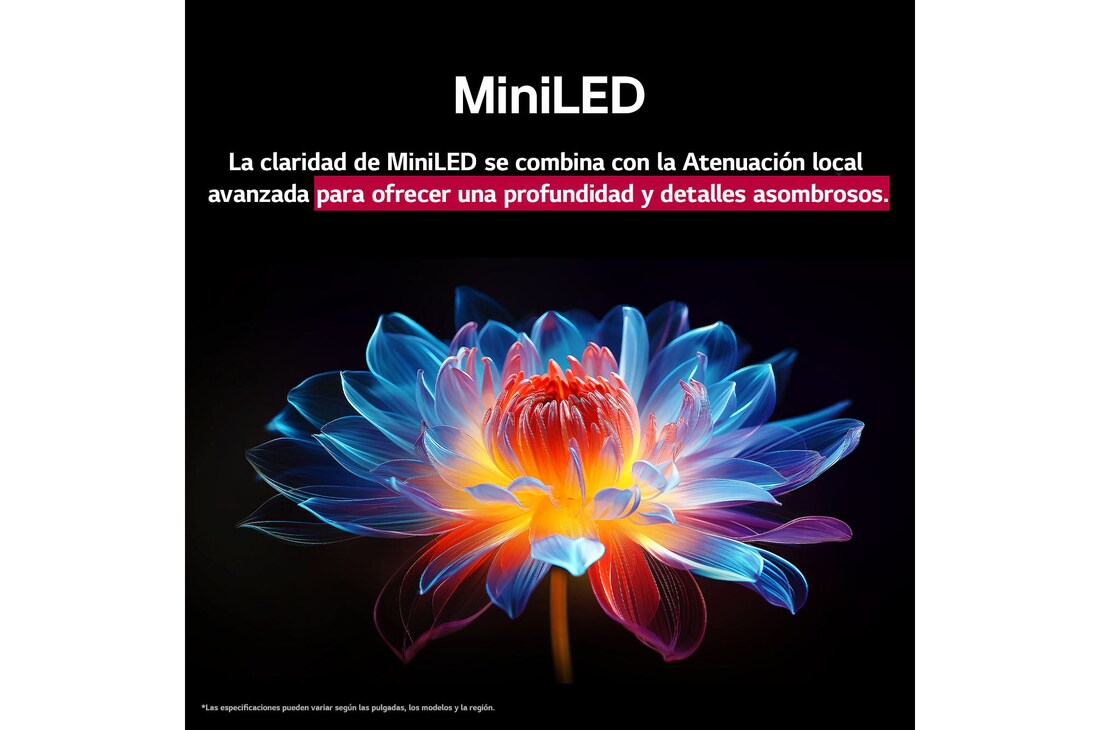 Flor holográfica en 3D con diferentes sombras y tonos sobre fondo negro. La definición y el detalle de la flor resaltan la capacidad del MiniLED de QNED de producir imágenes con color, brillo y contraste excepcionales. El título habla de cómo MiniLED mejora la claridad y proporciona un contraste excepcional.