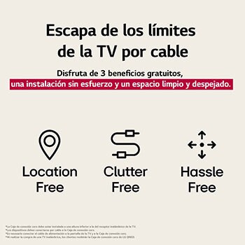 Tres íconos que representan los 3 beneficios gratuitos de la LG True Wireless TV. Instalación en cualquier lugar, sin elementos que estorben, sin complicaciones. El texto habla de olvidarse de los límites de la TV por cable y disfrutar de una instalación sin esfuerzo, además de un espacio limpio y despejado.